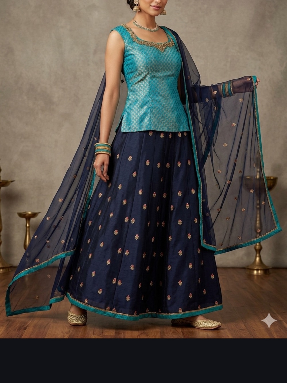 Turquoise and Navy Embroidered Formal Lehenga 3 piece Set